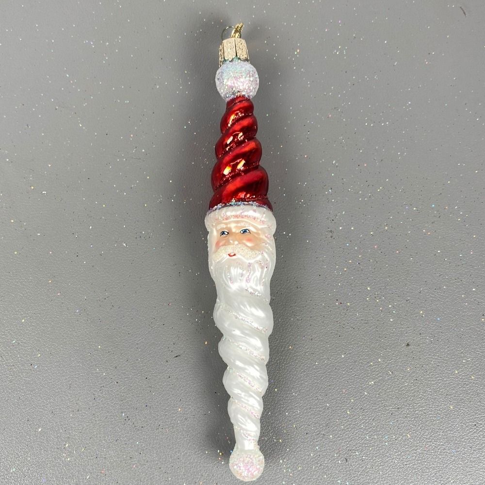 Retired Old World Christmas Santa Icicle Glass Ornament Red White Spiral 7"